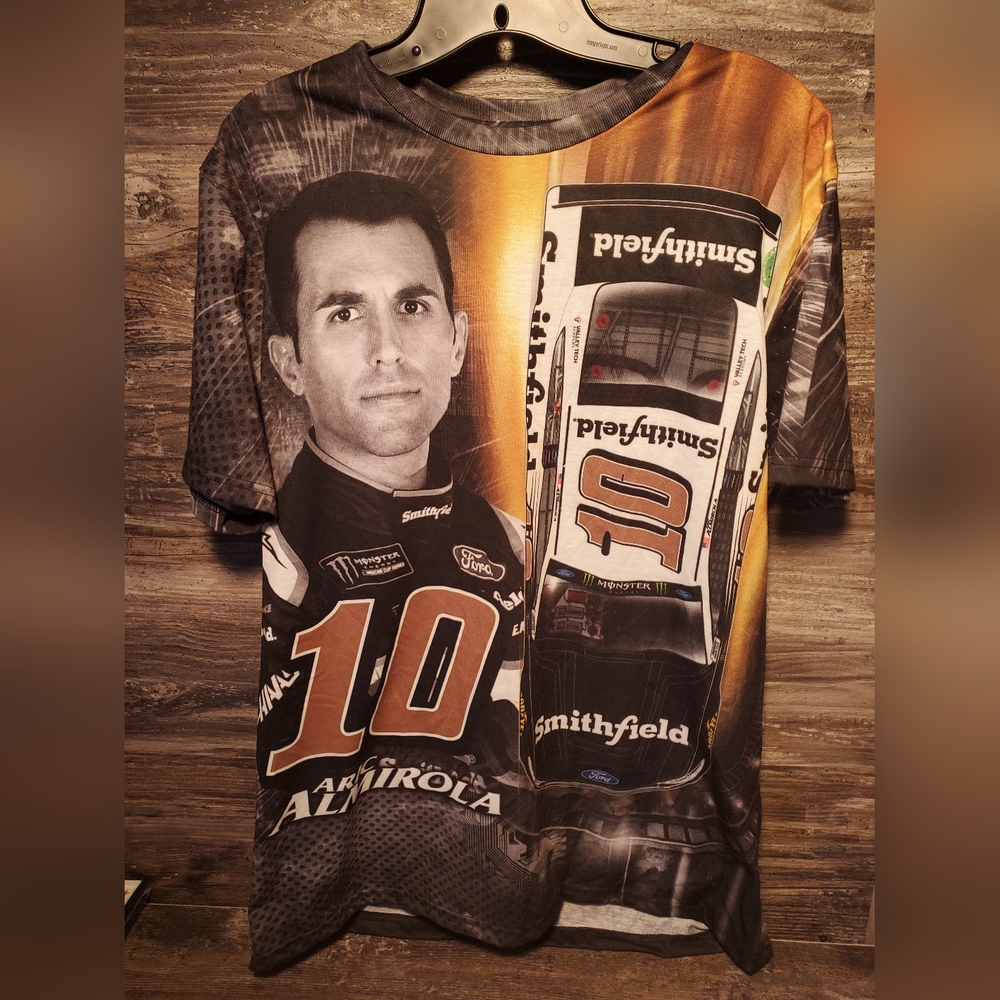 Autographed Nascar Shirt Men M Tee Black All Over Print Aric Almirola‎ Racing